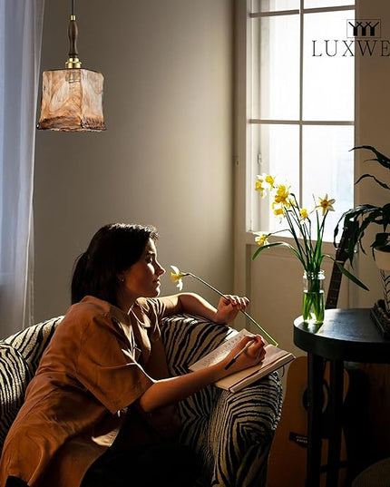 Modern Amber Glass Pendant Light, 5.25"x11.7" Elongated Hanging Fixture with Wood Grip & Brass Accent, 15"-72" Adjustable Line, E26 Socket – Golden Amber Rectangular