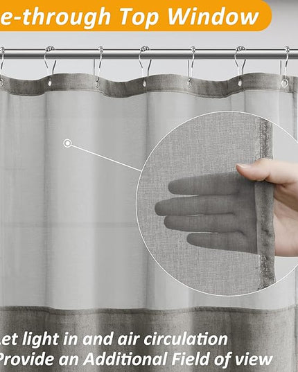 Naturoom Long Shower Curtain 84 Length Linen Thick Cloth Bath Grey Shower Curtain Set with Liner, Tall Modern Farmhouse Neutral Fabric Men Curtains for Bathroom, Mesh Top Window, Gray