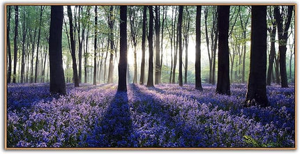 yearainn Framed Lavender Forest Wall Art – Purple Lavender Field with Sunlight through Trees Canvas Picture, Nature Landscape Painting Artwork for Home Wall Decor, Natural Wood Frame, 24" x 48"