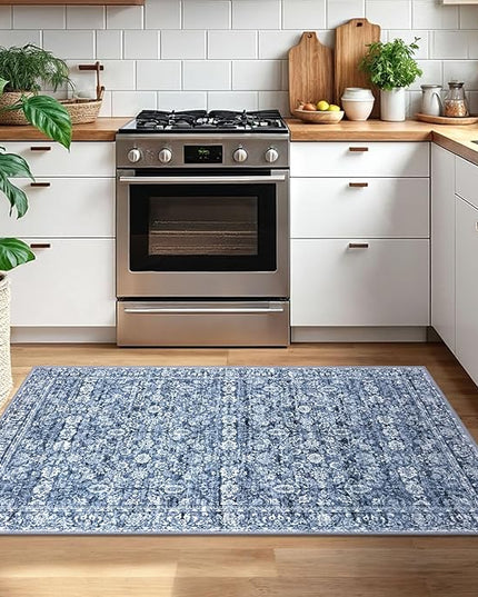 3x5 Washable Area Rug for Entrance, Blue Soft Distressed Floral Rug with Non-Slip, Low-Pile Vintage Area Rugs for Office Entryway Bedroom, Non-Shedding Carpet for Boys Dorm