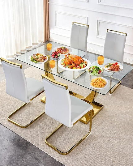 63” Glass Dining Table Set for 4,Gold Dining Room Table Set for 4,Modern Kitchen Table and PU Leather Chairs for 4, Rectangle Tempered Glass Top and Golden Base