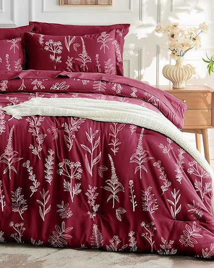 MUXHOMO Burgundy Full Comforter Set, Elegant Floral Print Bed in a Bag 7 Pieces, Ultra Soft & Breathable Reversible Botanical Pattern Bedding Set with Comforter, Sheets, Pillowcases, and Shams