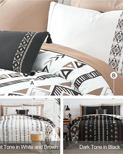 Geniospin Oversized Queen Comforter Set - 7 Pieces Reversible Bedding Set, Boho Bed in A Bag, Lightweight Soft Aztec Bedding, All Season Bed Comforter Set with Sheets, Pillowcases & Shams