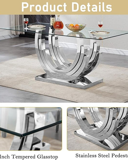 70" Large Glass Dining Table,Modern Rectangular Dining Room Table with 0.39" Tempered Glass Top & Silver Finish Stainless Steel Legs, Modern Clear Kitchen Table for Home Office