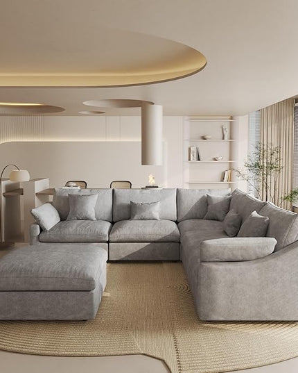 Modular Sectional Sofa Couch, 119.29" V Shaped Modular Couch with Ottoman, Down Filled Convertible Sofa for Living Room, 6 Seat Wide Couches,Cushion Covers Removable,Gray