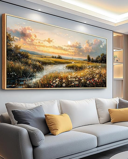 FUHAIHUA Large Wood Framed Wall Decor For Living Room Canvas Wall Art For Office Modern Wall Decorations For Bedroom Sunset Landscape Painting Farmhouse Pictures Artwork Room Home Decor 24x48 In