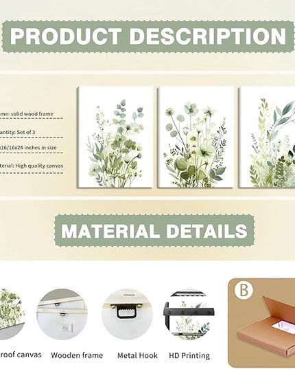 Boho Floral Canvas Wall Art Set of 3, Sage Green Wildflower Botanical Wall Decor Painting, Minimalist Watercolor Flowers Posters Prints for Bedroom Bathroom Living Room 12x16 In Framed