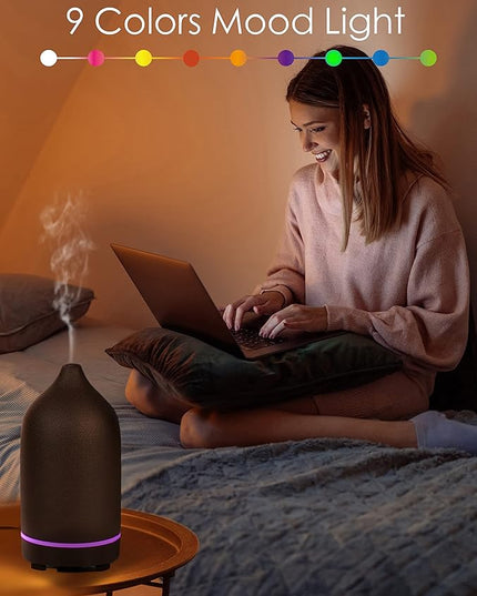 Essential Oil Diffuser,Handcrafted Ceramic Diffuser for Home,Ultrasonic Cool Mist Air Diffuser, 9 Colors Night Light with Timer (Black)