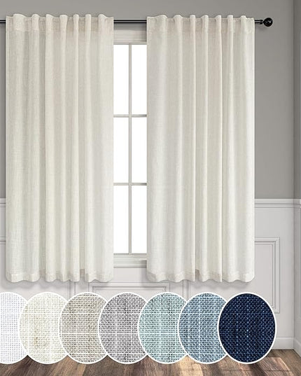 Natural Linen Curtains 45 Inch Length for Farmhouse 2 Panels Rod Pocket Back Tab Hanging Light Filtering Cafe Short Cream Curtains for Bathroom Small Windows Bedroom Dining Living Room Office