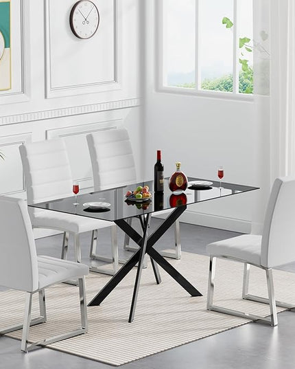 HomVent 5 Pieces Rectangular Glass Dining Table Set, Black Glass Dinner Table for 4 Kitchen Table Set with 4 PU Dining Chairs for Kitchen