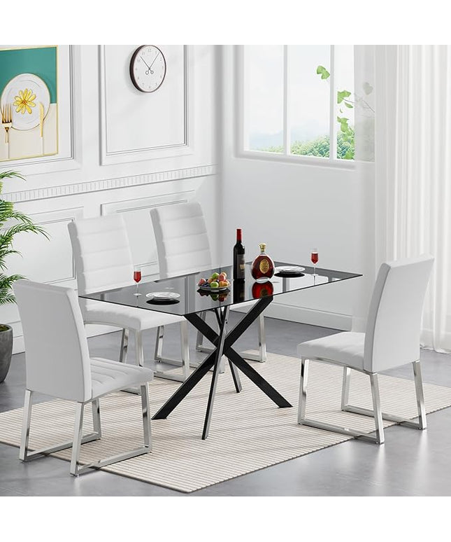 HomVent 5 Pieces Rectangular Glass Dining Table Set, Black Glass Dinner Table for 4 Kitchen Table Set with 4 PU Dining Chairs for Kitchen