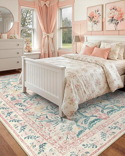 Wonnitar 8x10 Washbale Rugs for Living Room, Boho Pink Room Decor for Girls Bedroom, 8 x 10 Soft Non Slip Low Pile Indoor Floral Carpet for Kids Room Playroom Toddler Nursery