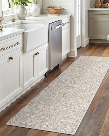 2x6 Washable Runner Rug for Hallways, Cream Beige White Grey Soft Neutral Vintage Kitchen Rugs with Non-Slip, Non-Shedding Distressed Floral Rug for Bedroom Kitchen Porch Laundry Entryway