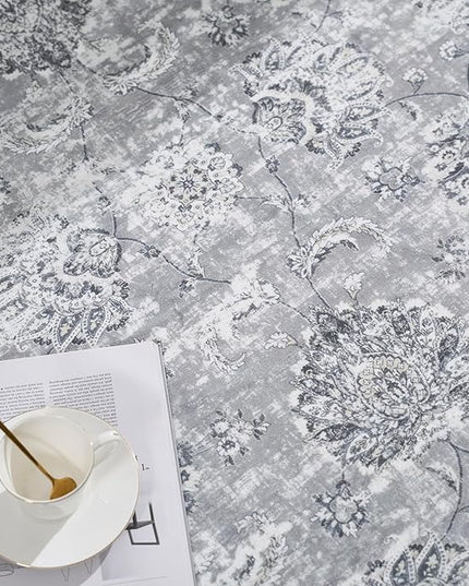 jinchan Fiora Round Rug 4ft Area Rug - Indoor Vintage Hallway Circle 4' Washable - Ultra-Thin Low Pile Soft Small Non Slip Distressed Floral Print for Living Room Dining Room Bedroom Entryway Grey