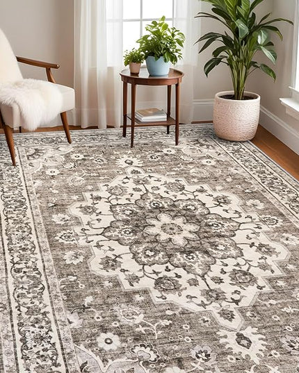 Washable Oriental Area Rug - 7x9 Rugs for Living Room Soft Carpet for Bedroom Waterproof Floral Distressed Indoor Stain Resistant Non-Shedding Floor Carpets (Beige, 7x9)