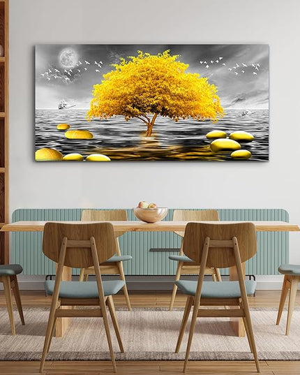 hyidecorart Canvas Wall Art 30"X60" - Black And White Ocean Scenery & Yellow Tree Art Print, Large Wall Decor Posters Abstract Pictures for Living Room, Bedroom, Office Modern Home Decor
