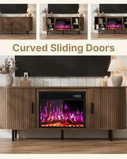65" Fluted Fireplace TV Stand for TVs Up to 75 inches, Modern Entertainment Center with 23" Electric Fireplace, Wooden Curved TV Console with Sliding Doors for Living Room, Walnut