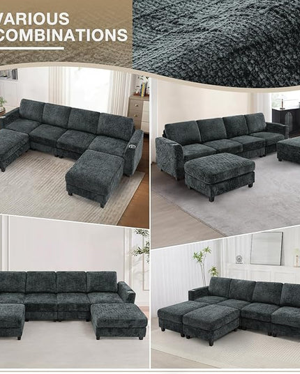 110" Chenille U-Shape Sofa with Flexible Ottomans, Comfy Sectional Sofa with 2 Built-in Cup Holders, Convertible 4 Seats Couch with Well-Filled Back Cushions for Living Room, House, Grey