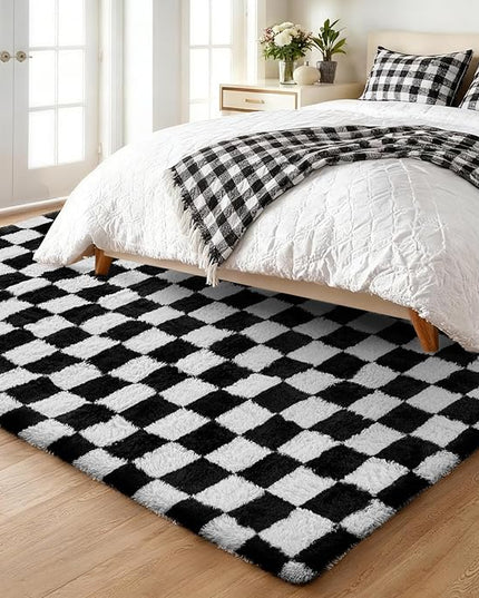 Ophanie Checkered Black & White Rug for Living Room Bedroom, Fluffy Soft Cute Fuzzy Area Rugs, Shag Plush Shaggy Bedside Floor 6x9 Furry Carpet for Kids Baby Teen Dorm Nursery Home Decor Aesthetic