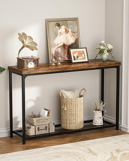 Console Table for Entryway, Narrow Entryway Table with Storage, Sofa Table with Mesh Shelves, Console Tables for Living Room, Bedroom, Hallway, Foyer (2 Tier, Rustic Brown, 47 inch)
