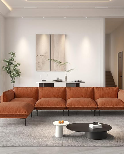 WJShome 147" Modern L-Shaped Couch for Living Room,Velvet Modular Sectional Sofa with Chaise,4-Seater Sofa with 1 Ottomans with Removable Cushions and 8" High Metal Legs, Easy to Clean, Terracotta