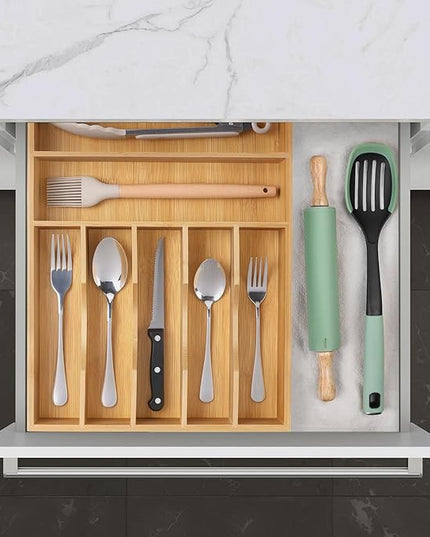 Kitchen Bamboo Silverware Organizer, Kitchen Drawer Organizer - Utensil Holder and Cutlery Tray with Grooved Drawer Dividers for Flatware 7 Slot, Natural