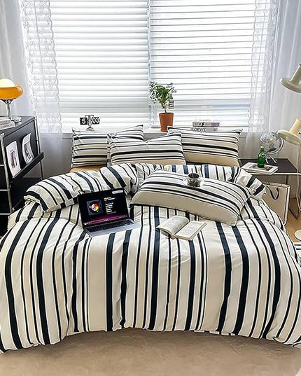 Luxlovery Black and White Comforter Set Full Striped Beige Black Bedding Comforter Men Modern Vertical Stripe Blanket Quilts Fashion Geometric Soft Breathable Comforter Sets for Adults Teens