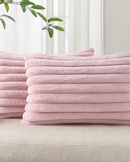 Pallene Faux Fur Plush Lumbar Throw Pillow Covers 12x20 Set of 2, Luxury Soft Fluffy Striped Decorative Pillow Covers for Sofa, Couch, Living Room, Blush Pink