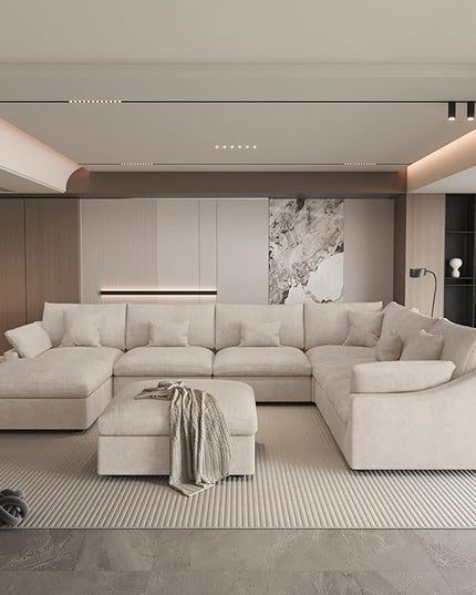 WJShome 156" Cloud Modular Sectional Sofa Couch,U Shaped Couch with Ottoman,Down Filled 8 Seater Convertible Sleeper Bed Living Room Set,Covers Washable&Replaceable (Khkai)