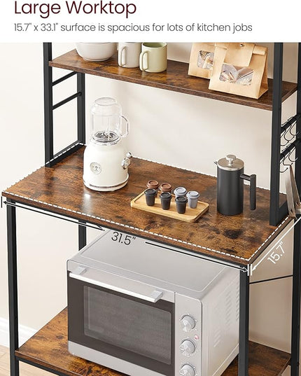VASAGLE Coffee Bar, 31.5 Inches Baker's Rack for Kitchen with Storage, 6-Tier Kitchen Shelves with 6 Hooks, Microwave Stand, Industrial, Rustic Brown and Ink Black UKKS019B01