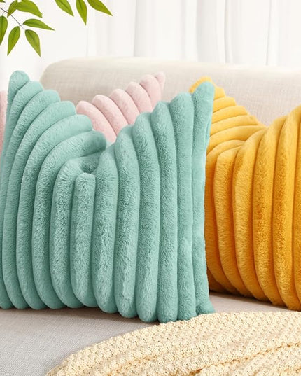 decorUhome Faux Fur Spring Throw Pillow Covers 12x20 Set of 2, Decorative Soft Plush Striped Lumbar Neutral Couch Euro Pillow Covers with Velvet Back for Sofa, Bed, Living Room Home Decor, Aqua