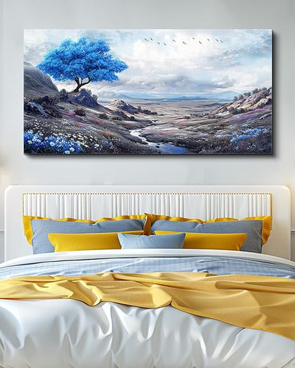 XIGUANGART Blue Flowers Tree of Life Art Prints Painting Landscape Canvas Wall Art for Bedroom Nature Picture Modern Artwork Wall Decor for Living Room Kitchen Home Office Mural Posters Gift 24"X48"