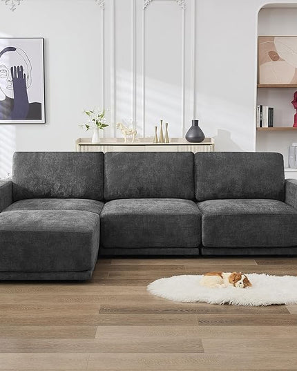 110.6" L Shaped Modular Sectional Sofa Modern Chenille Comfy Couch with Thickened Seat Cushions, Easy Assembly, Upholstered 4 Seater Couch with Movable Ottoman for Living Room, Grey
