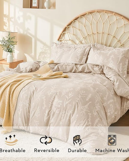 MUXHOMO Beige King Comforter Set, Elegant Floral Print Bed in a Bag 7 Pieces, Ultra Soft & Breathable Reversible Botanical Pattern Bedding Set with Comforter, Sheets, Pillowcases, and Shams