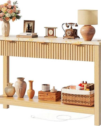 47.2" Fluted Console Table with 3 Drawers, Long Sofa Table with Storage Behind Couch, Modern Entryway Table with Power Outlet & Open Storage for Entrance/Hallway/Foyer/Living Room, Oak