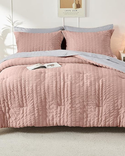 HYMOKEGE Rose Gold/Light Grey Twin Comforter Set Seersucker 5 Pieces, All Season Luxury Bed in a Bag for Bedroom, Bedding Set with Comforter, Sheets, Pillowcase & Sham