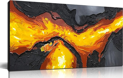 GUGIKA Abstract Wall Art for Living Room, Hand Painted 3D Textured Magma Paintings, Black and Gold Yellow Volcanic Lava Canvas Wall-Decor for Bedroom, Size 40 x 20 Inches