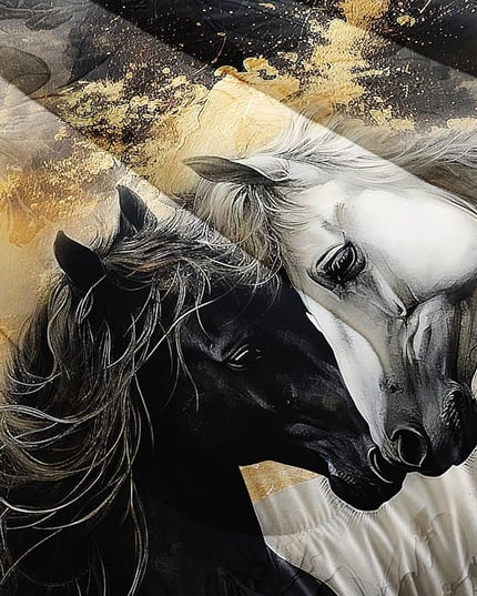 Black White Horses Comforter Set Twin Size,Golden Ink Painting Flora Bedding Set for Kids and Adults Bedroom Horse Decor,Wild Animal Theme Art Aesthetics Comforter Set with 2 Pillowcases.