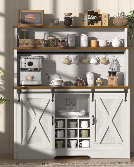 Farmhouse Coffee Bar Cabinet with 3 Tier Storage Hutch, 47'' Coffee Bar Station with Sliding Barn Door, Hutch Storage Cabinet with 9 Wine Racks & 9 Hooks for Kitchen Dining Living Room