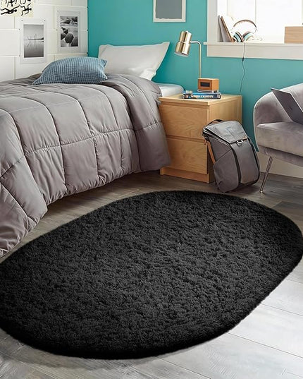 Ophanie 3x5 Oval Black Rugs for College Dorm, Bedroom Small Area Rug, Non-Slip Fluffy Shaggy Bedside Soft Shag Fuzzy Plush Carpet for Kids Boys Teen Home Decor Aesthetic, Nursery