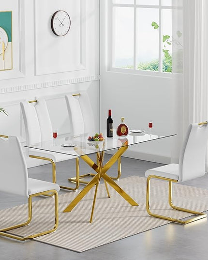 5 Piece Glass Dining Table Set, Glass Kitchen Dining Room Table Set for 4, 61" Modern Rectangular Gold Glass Metal Dining Table with 4 White PU Leather Dining Chairs for Kitchen Dining Room
