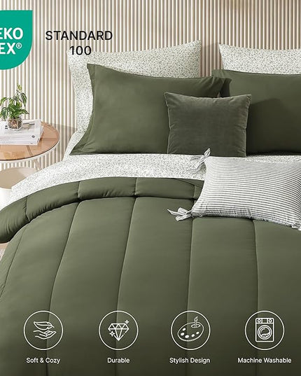 Monbix Queen Comforter Set - 7 Pieces Olive Green Bed in a Bag Queen Track Stitching Bedding Sets, All Seasons Down Alternative Comforter Bed Set with Sheets,Pillowcases & Shams
