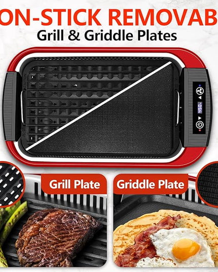 Indoor Grill, CUSIMAX Smokeless Grill Indoor, Electric Griddle, 1500W Korean BBQ Grill with LED Smart Display & Tempered Glass Lid, Non-stick Removable Plate & Griddle Plate, Red