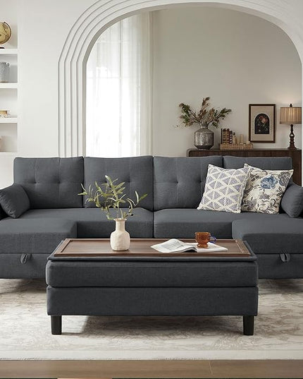 Convertible Sectional Sofa with Storage Ottoman Bench, 101" U Shaped Couch 4-Seat Sofa Set for Living Room/Apartment, Sectional Couch with Movable Ottoman, Darkgrey