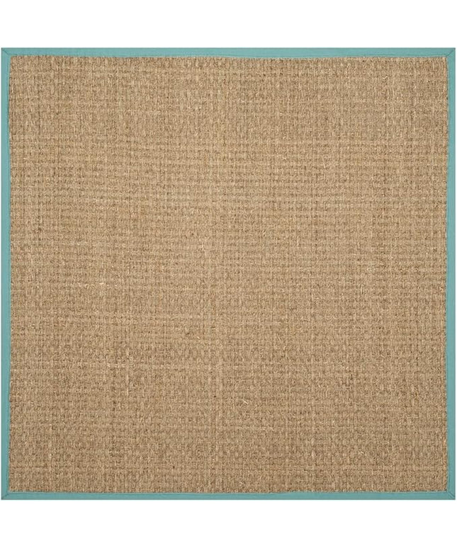 SAFAVIEH Area Rug 8' Square - Natural Fiber Collection - Natural & Teal, Seagrass, Basketweave Pattern with Border (NF114R)