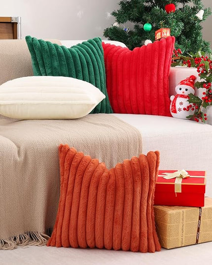 Pallene Faux Fur Plush Christmas Throw Pillow Covers 18x18 Set of 2, Luxury Soft Fluffy Striped Decorative Pillow Covers for Sofa, Couch, Living Room, Red