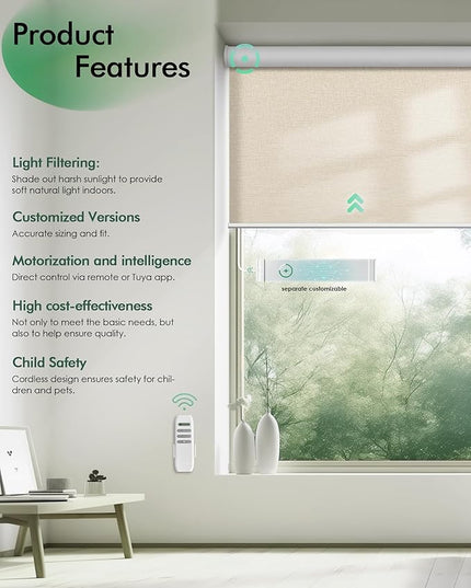 Yoolax Motorized Blinds with Remote, Light Filtering Remote Shades for Windows, Automatic Roller Shades Cordless Electric Blinds for Bedroom Living Room Office, Custom Size (Golden Dune)