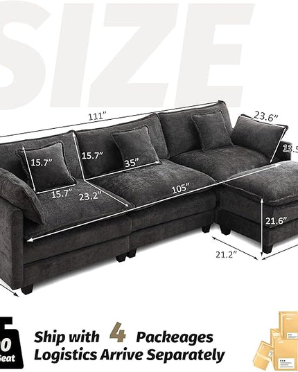 111'' Sectional Cloud Deep Seat Couch, Modern Comfy Chenille L Shaped Sectional Sofa for Living Room Set, Upholstered Modular 4-Seats Sofa Couch with Movable Ottoman, Dark Grey