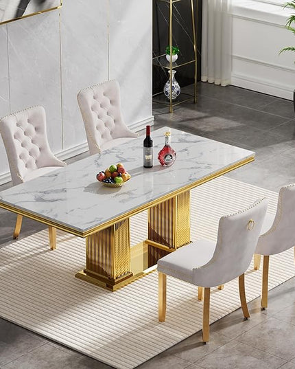 HomVent 68.11'' Rectangle Dining Table Set with Marble Table Top & Stainless Steel Base (White, 4 Beige Chairs, 5 Pieces)