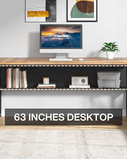 Tribesigns 63 inches Computer Desk with Bottom Storage Shelf Home Office Desk Writing Table for Workstation, Dark Walnut + Steel Leg, Cabinet not Included (Walnul, 63-inch-with Shelf)